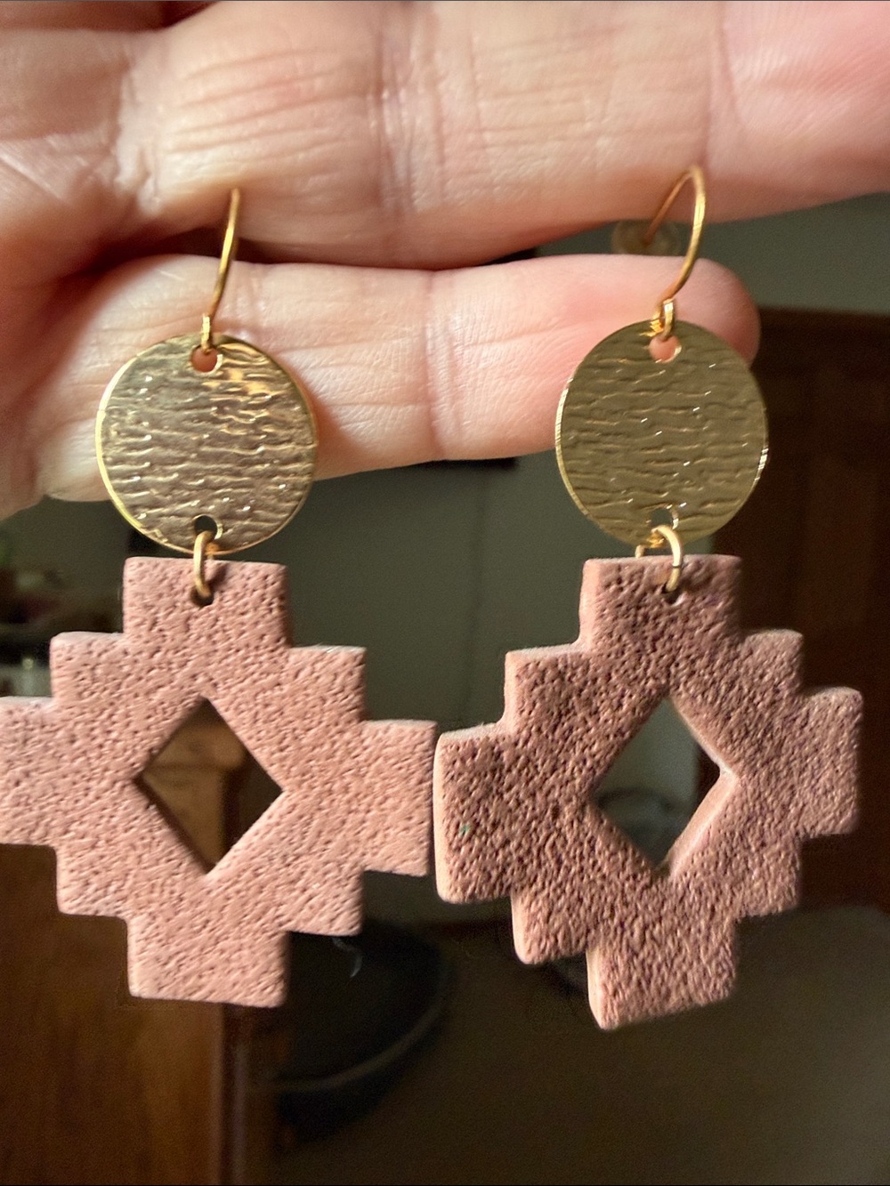 Gold and Mauve Geometric Clay Drop Earrings - Mauve